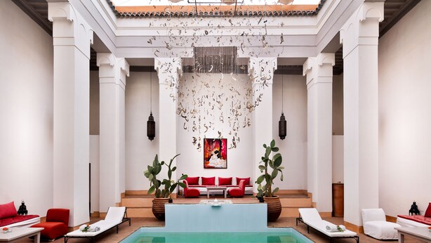 Un área de piscina interior amplia con una zona de estar central, plantas en macetas y un techo de azulejos.