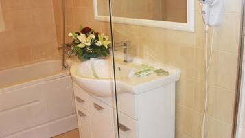 Shower, hair dryer, towels