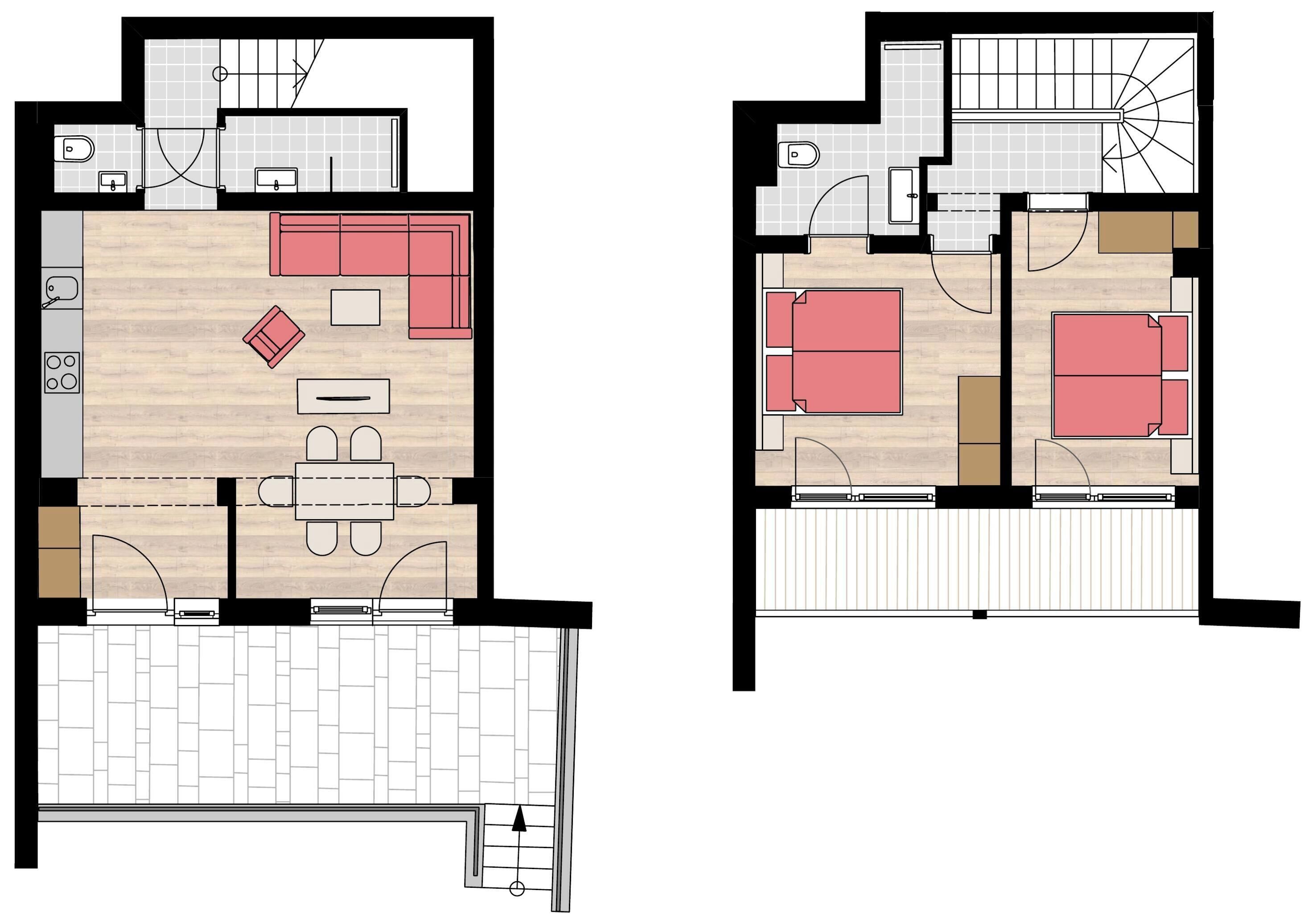 Two floor plans of a hotel with a kitchen, dining area, living room, and a separate bedroom area.