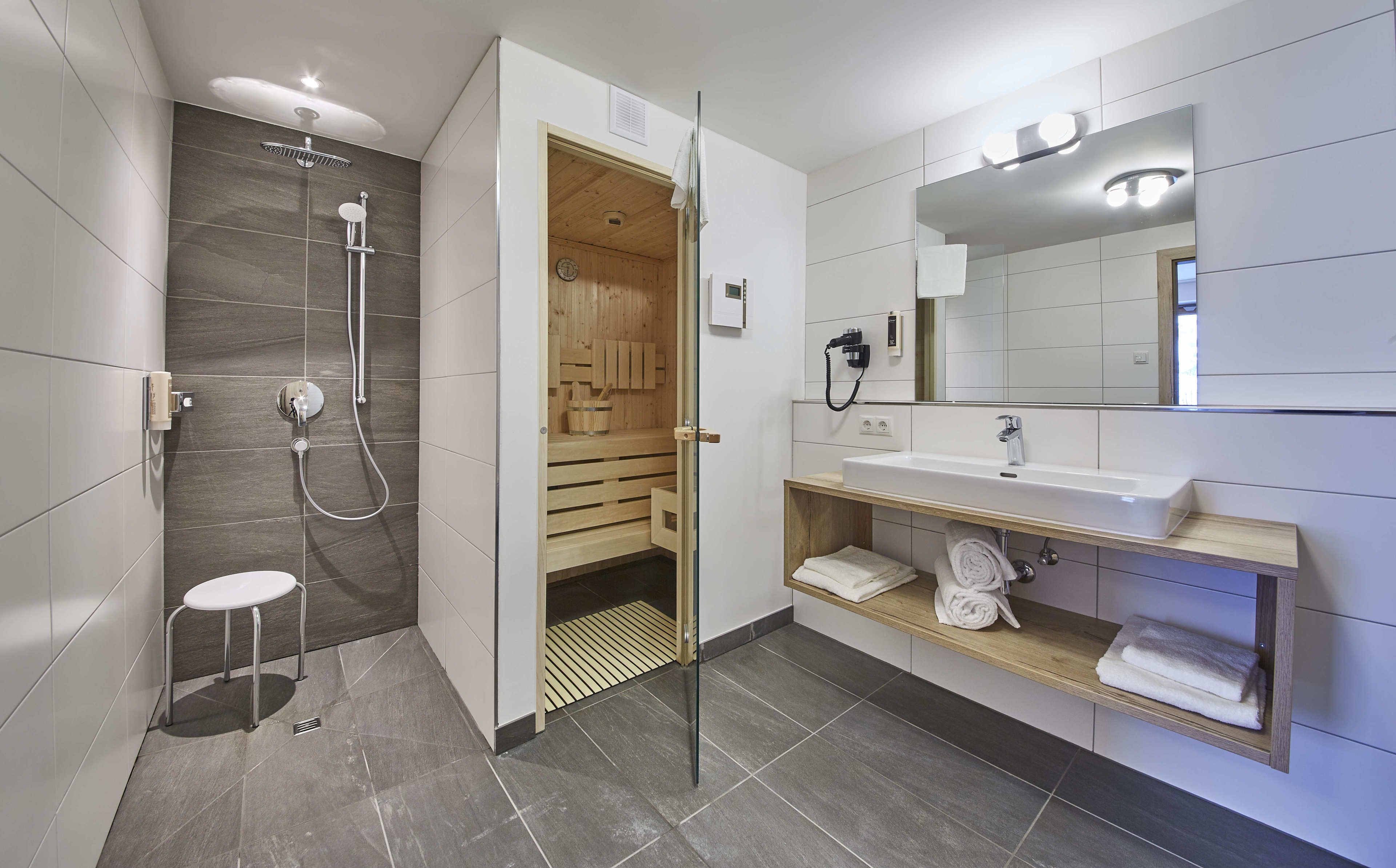 alpine superior spa | bathroom | shower, hair dryer, bathrobes, towels