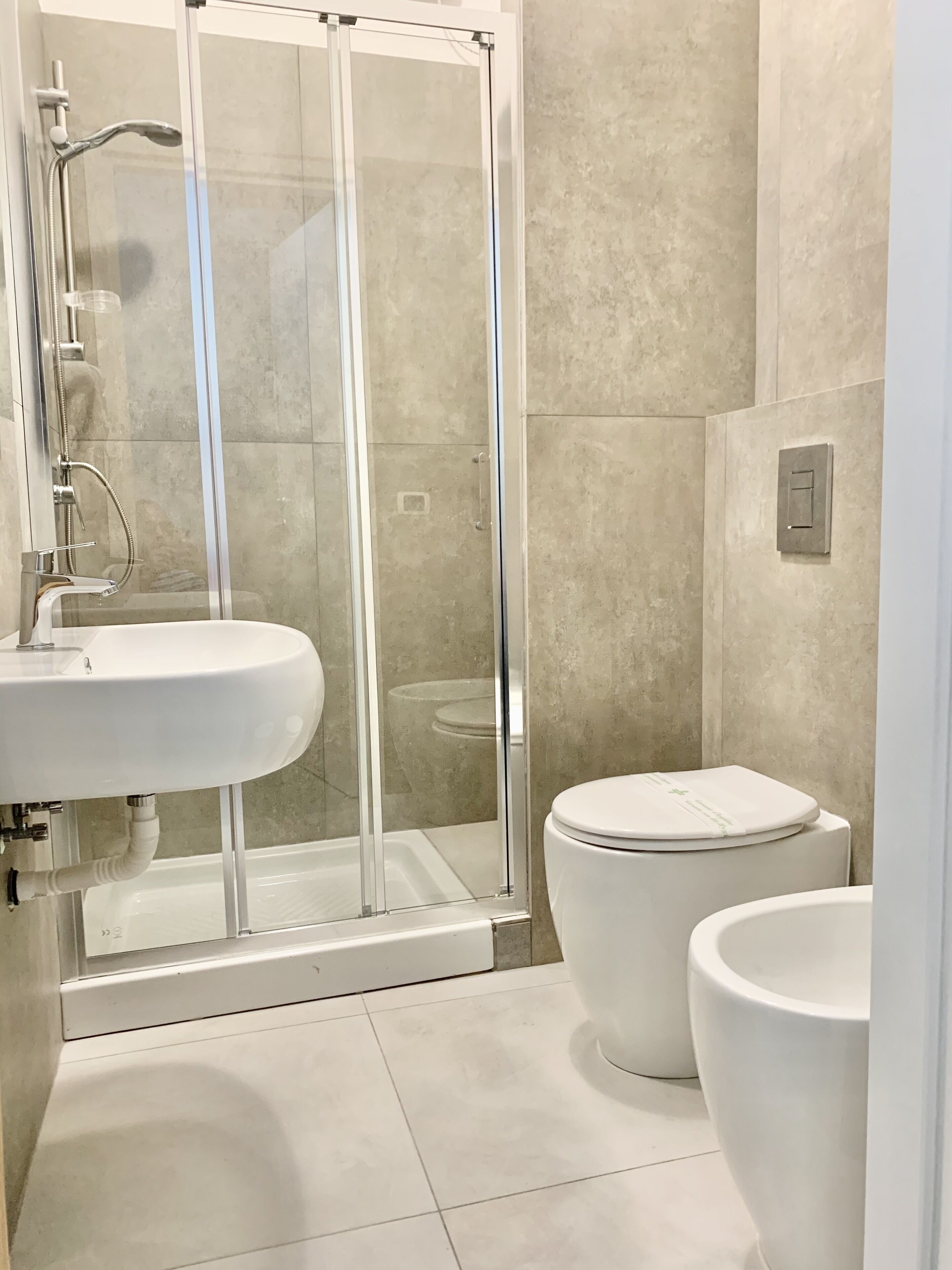 Shower, hair dryer, bidet, towels