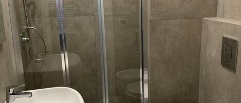 A bathroom with a glass-enclosed shower, a white sink, and a toilet.