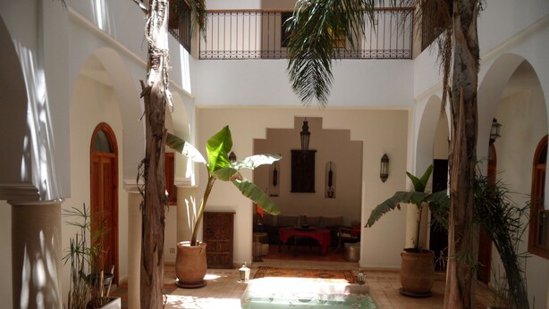 Un patio con piscina, zonas de estar y plantas en macetas.