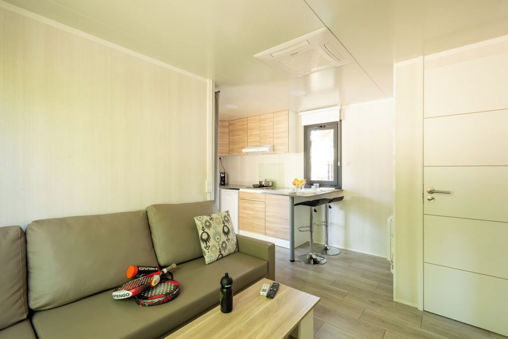 Nhà di động phong cách lãng mạn | Khu phòng khách | TV LED 43-inch có truyền hình vệ tinh, bàn bóng bàn, sàn nhà có sưởi 