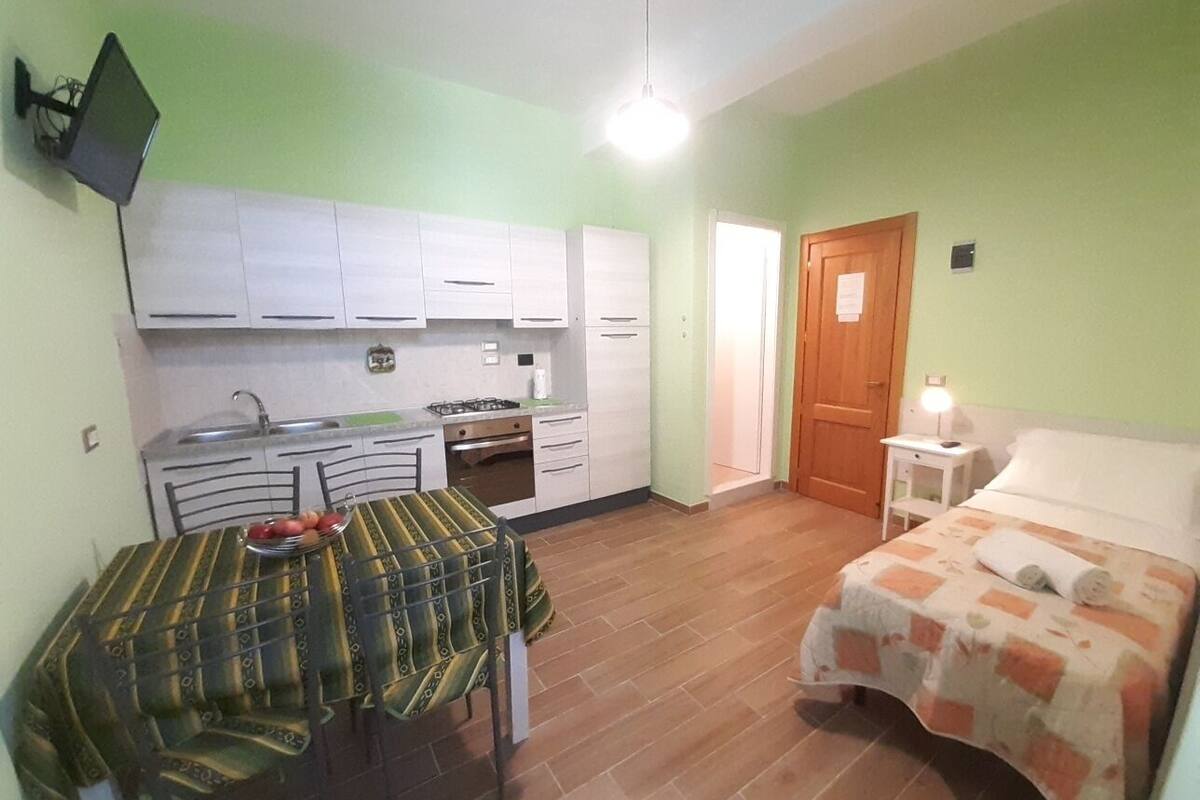 Una habitación compacta con kitchenette, zona de comedor y cama.