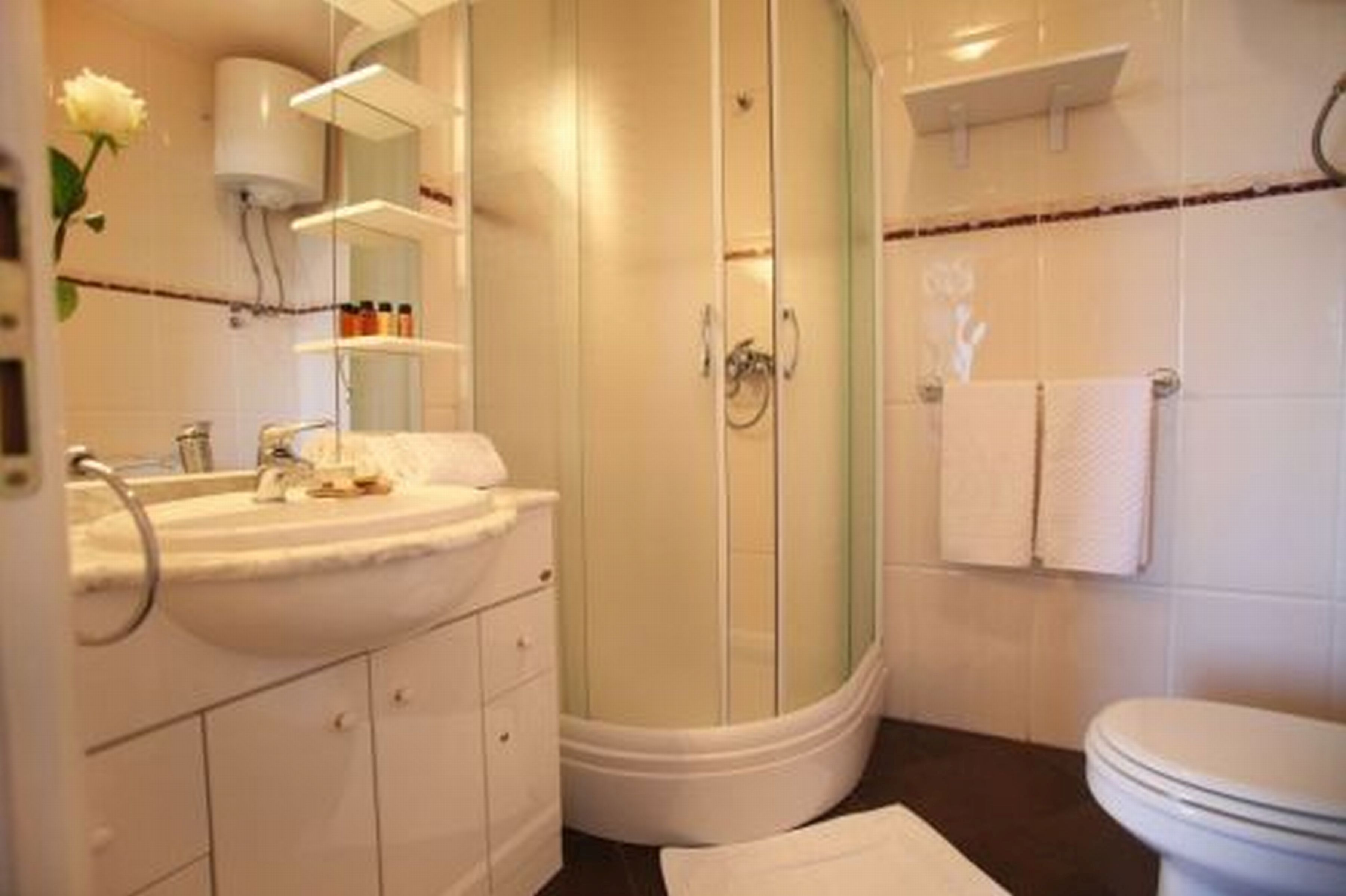 Un baño con lavabo, espejo, ducha e inodoro.