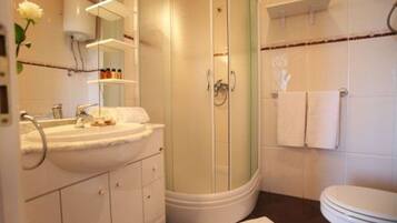 Un baño con lavabo, espejo, ducha e inodoro.