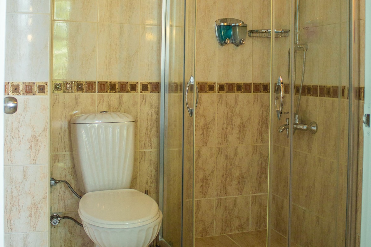 Dusche, kostenlose Toilettenartikel, Haartrockner, Handtücher