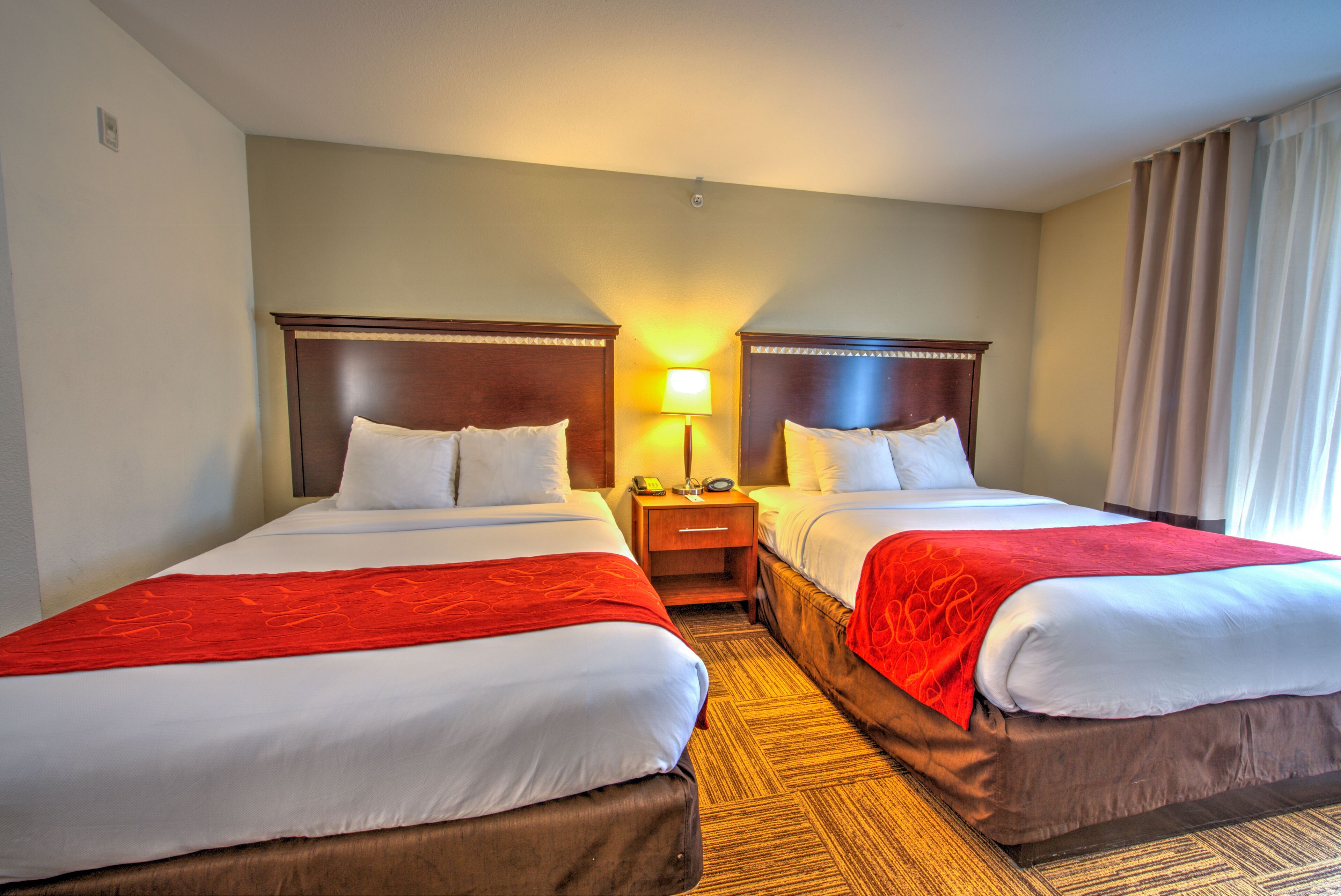 A hotel room with two beds, each with a wooden headboard, white bedding, and a red throw blanket. There is a nightstand with a lamp between the beds.