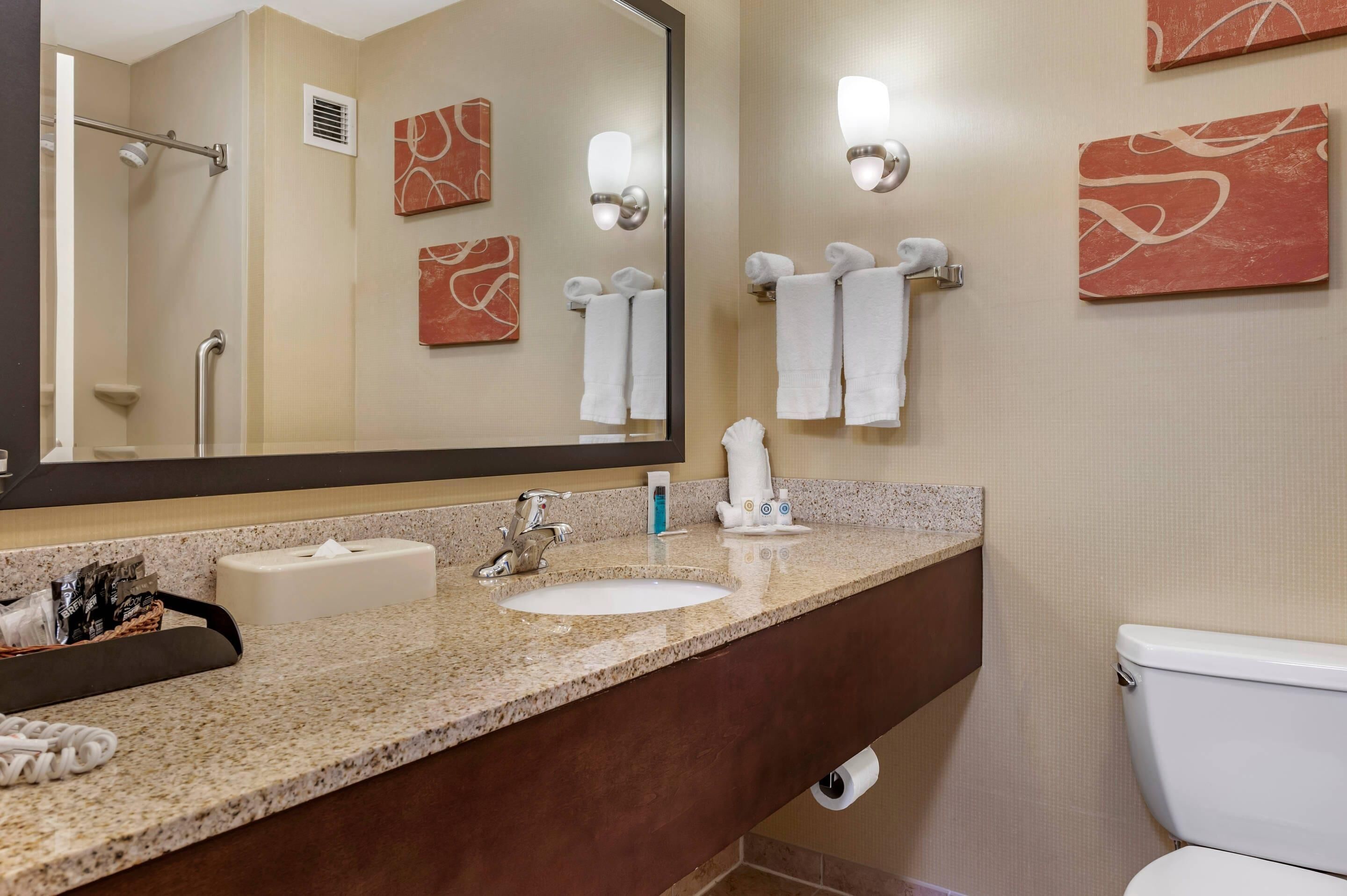 A bathroom with a sink, mirror, towel rack, and toilet.