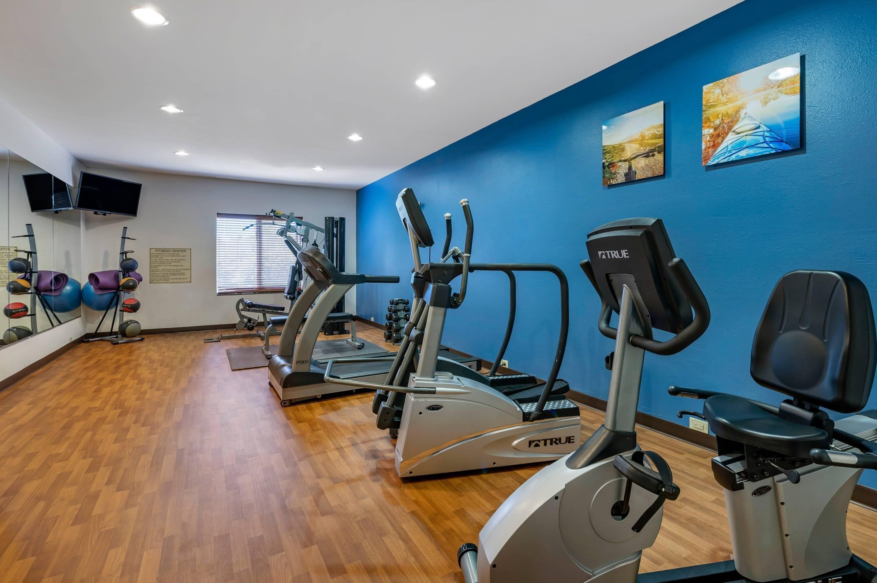 A gym with treadmills, elliptical machines, and exercise balls.