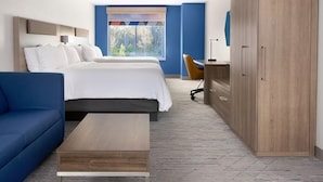 Una habitación de hotel moderna con dos camas, un sofá, un escritorio y un armario.