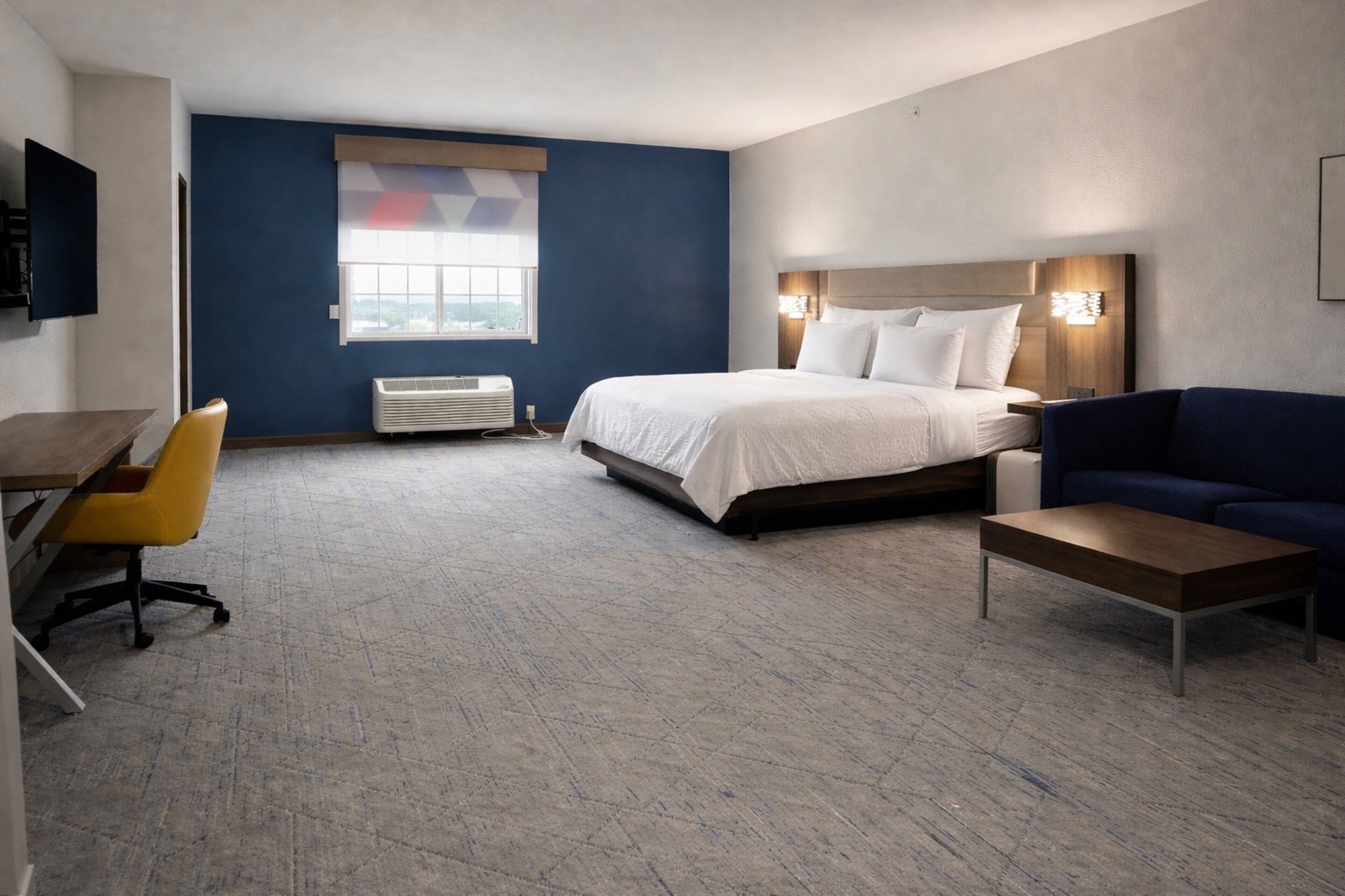 Una habitación de hotel con cama, sofá, escritorio y silla.