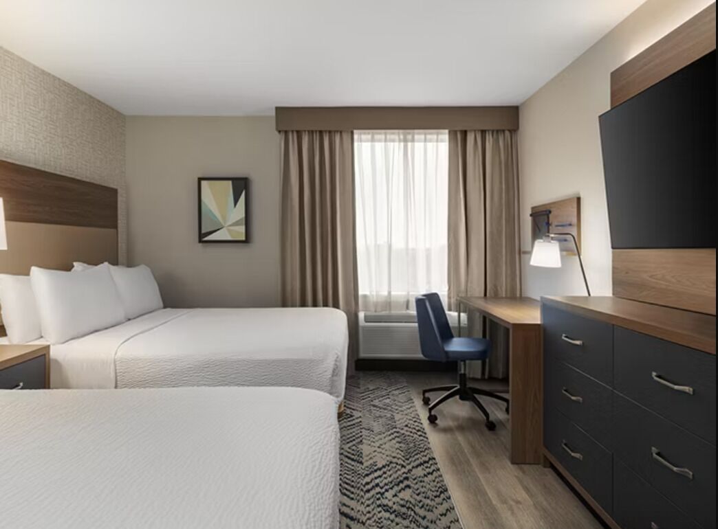 1 bedroom, desk, blackout curtains, iron/ironing board