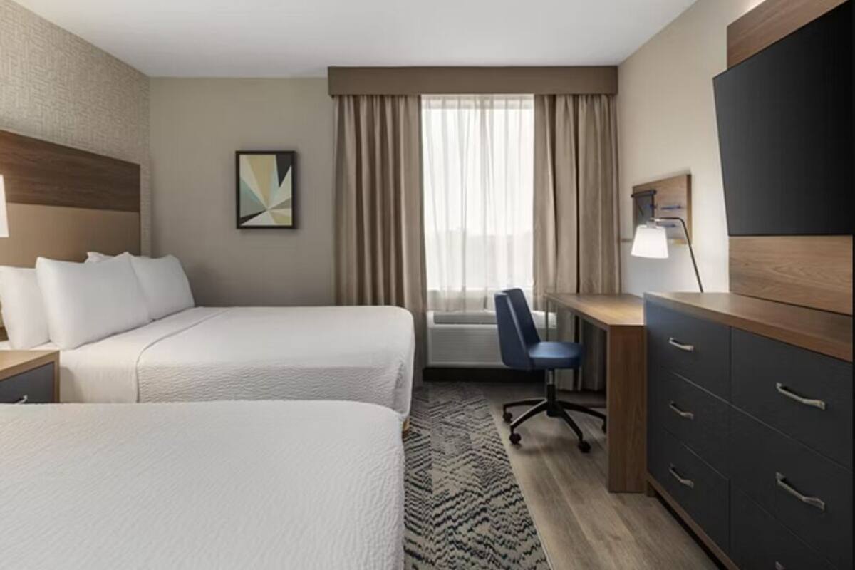 1 bedroom, desk, blackout drapes, iron/ironing board