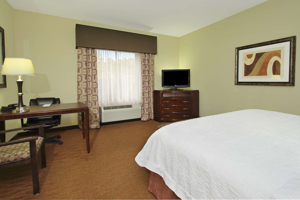 Quarto de hotel com uma cama, uma escrivaninha com cadeira, uma televisão e um quadro na parede.