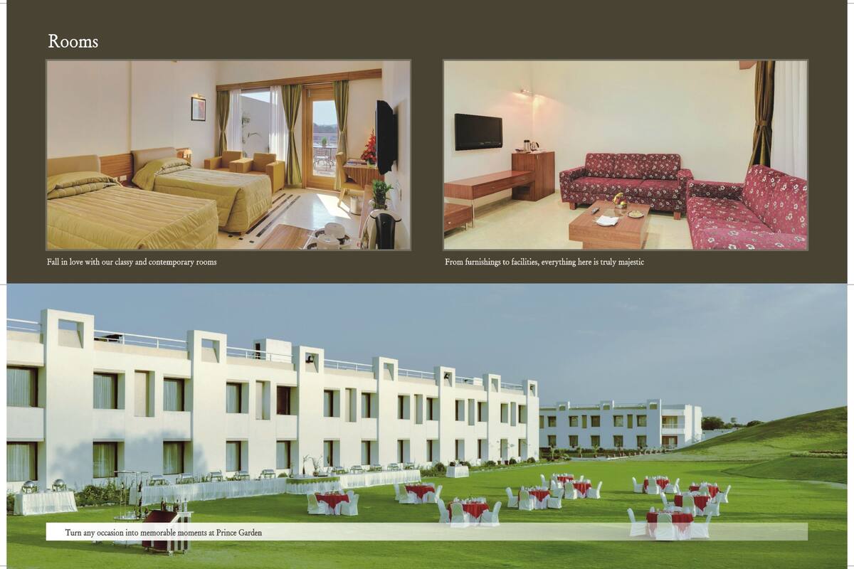 A hotel room with two beds, a TV, and a sofa. The room has a view of the garden. The image also shows a hotel building with a lawn and tables set up for an event.