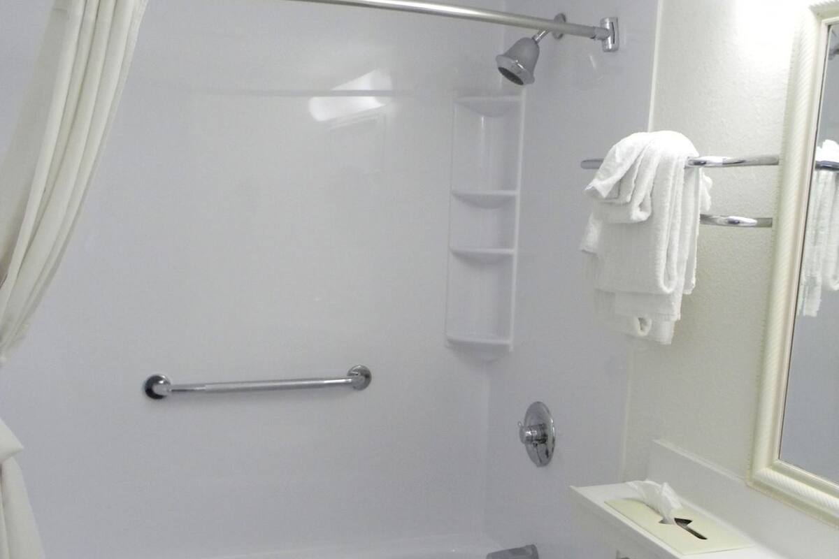 A bathroom with a bathtub, toilet, and a shower area.
