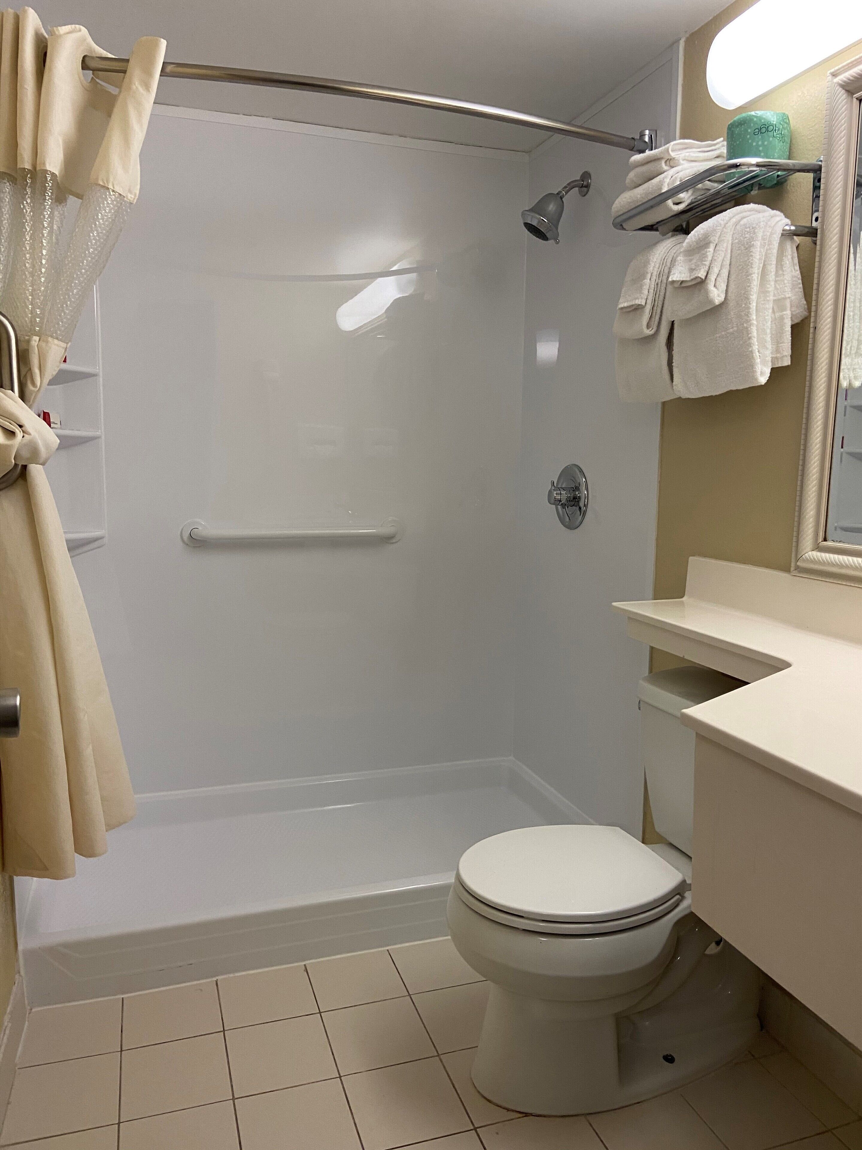 Combined shower/tub, free toiletries, hair dryer, towels