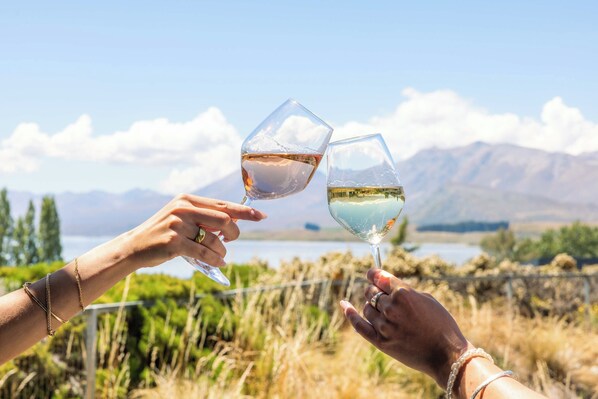 Dos personas brindan con copas de vino frente a un paisaje con montañas y un lago.