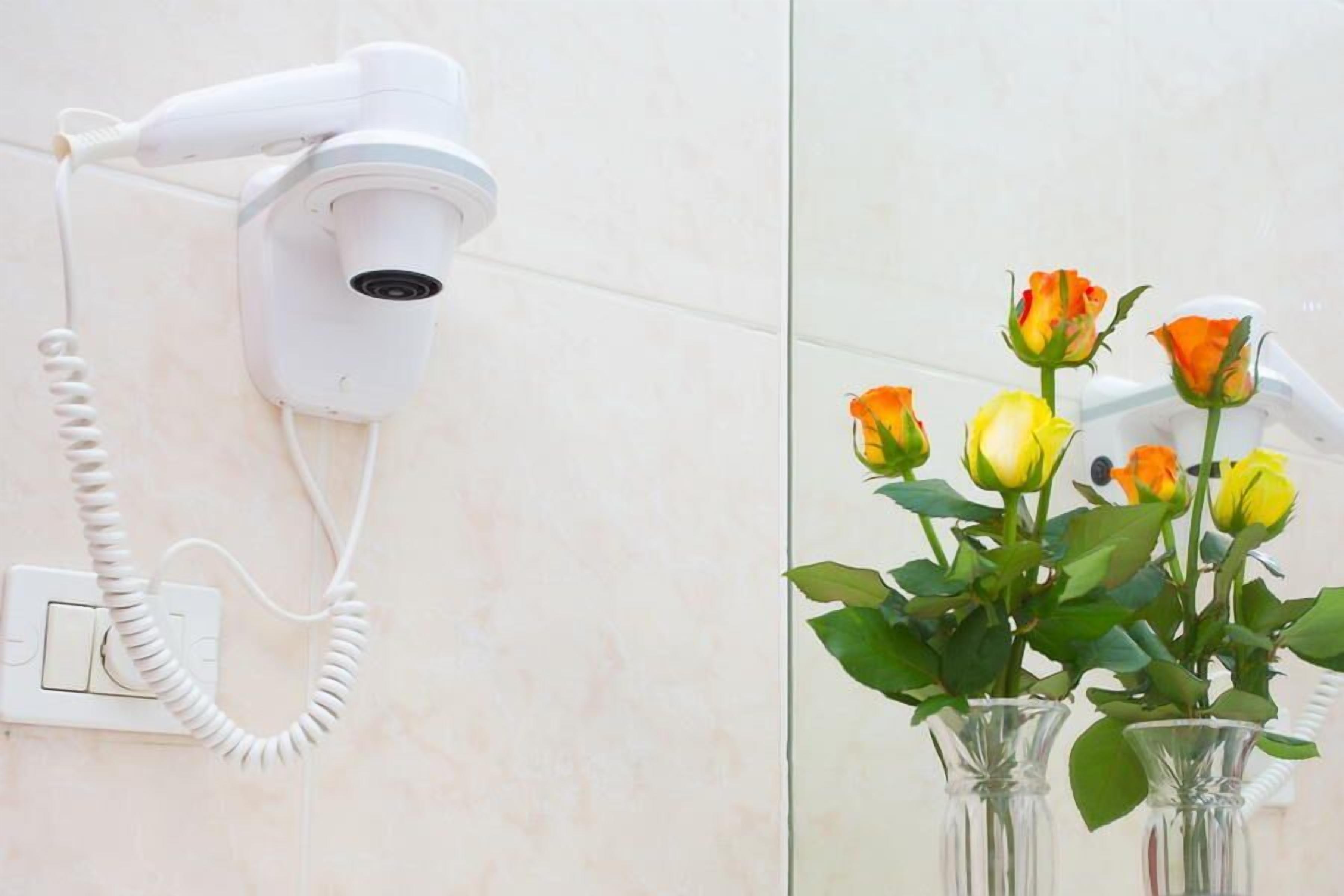 A hairdryer mounted on a wall with a coiled cord, and a mirror reflecting roses in vases.