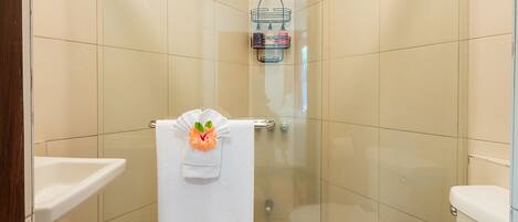 Een badkamer met een douchecabine van glas, een wit toilet en een wastafel.