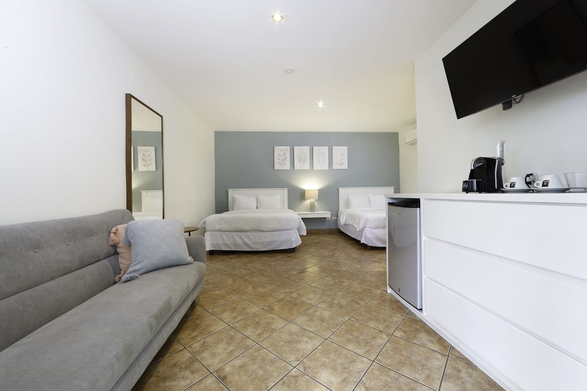 Habitación de hotel con sofá gris, dos camas individuales, cómoda blanca, televisor montado en la pared y máquina de café.