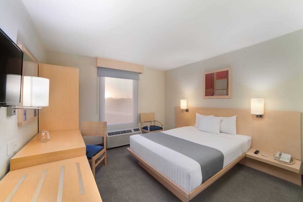 A hotel room with a bed, desk, chair, and a television.
