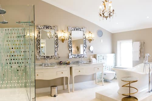 Separate tub and shower, deep soaking tub, designer toiletries