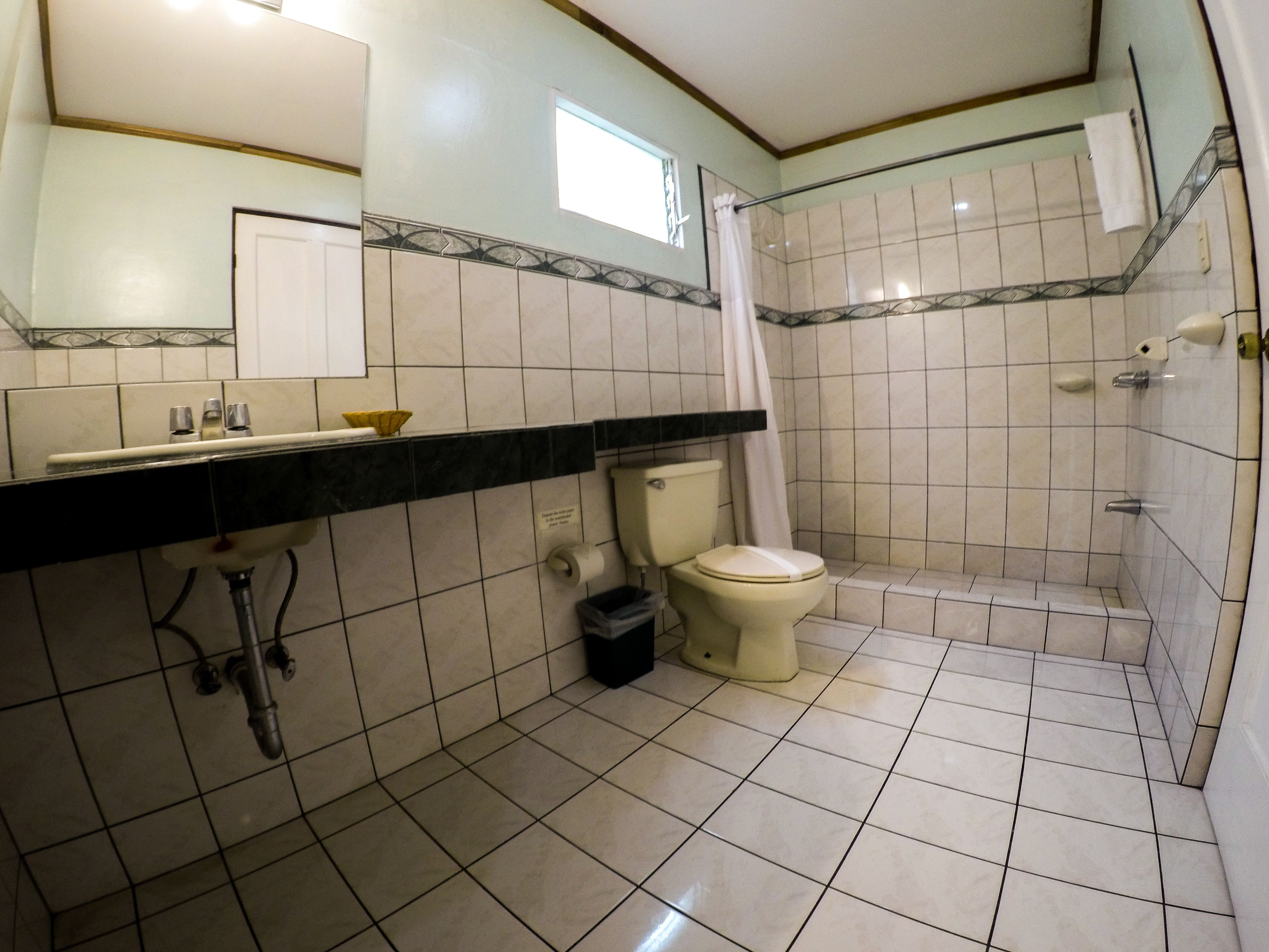 Un baño con inodoro, lavabo y ducha.