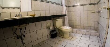 Un baño con inodoro, lavabo y ducha.