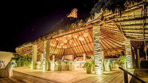 Estructura con techo de paja, terraza de madera y plantas en macetas.