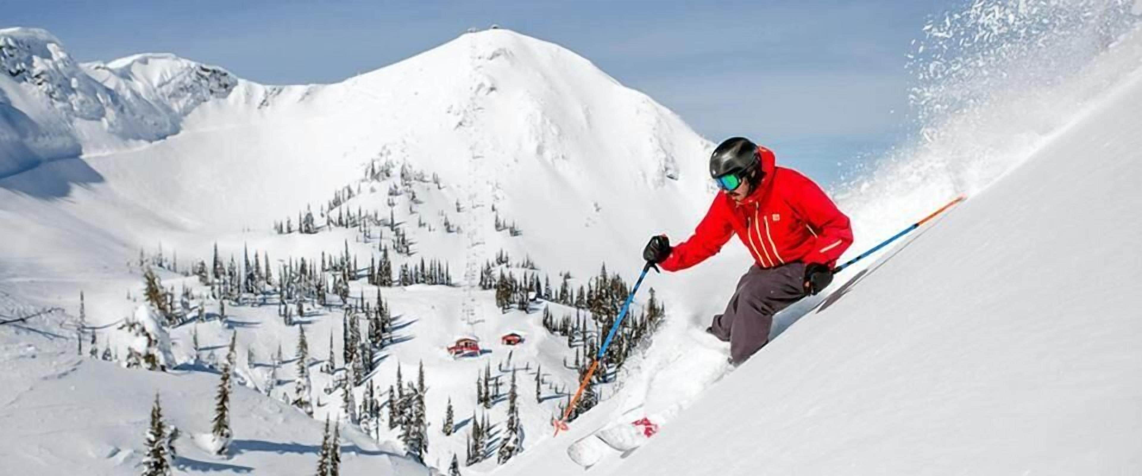 A skier in a red jacket on a snowy slope with trees and a mountain in the background.