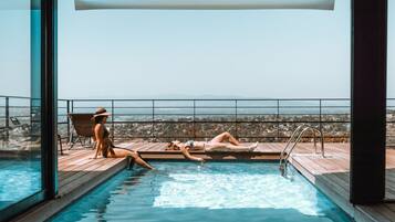 Indoor pool, outdoor pool, sun loungers