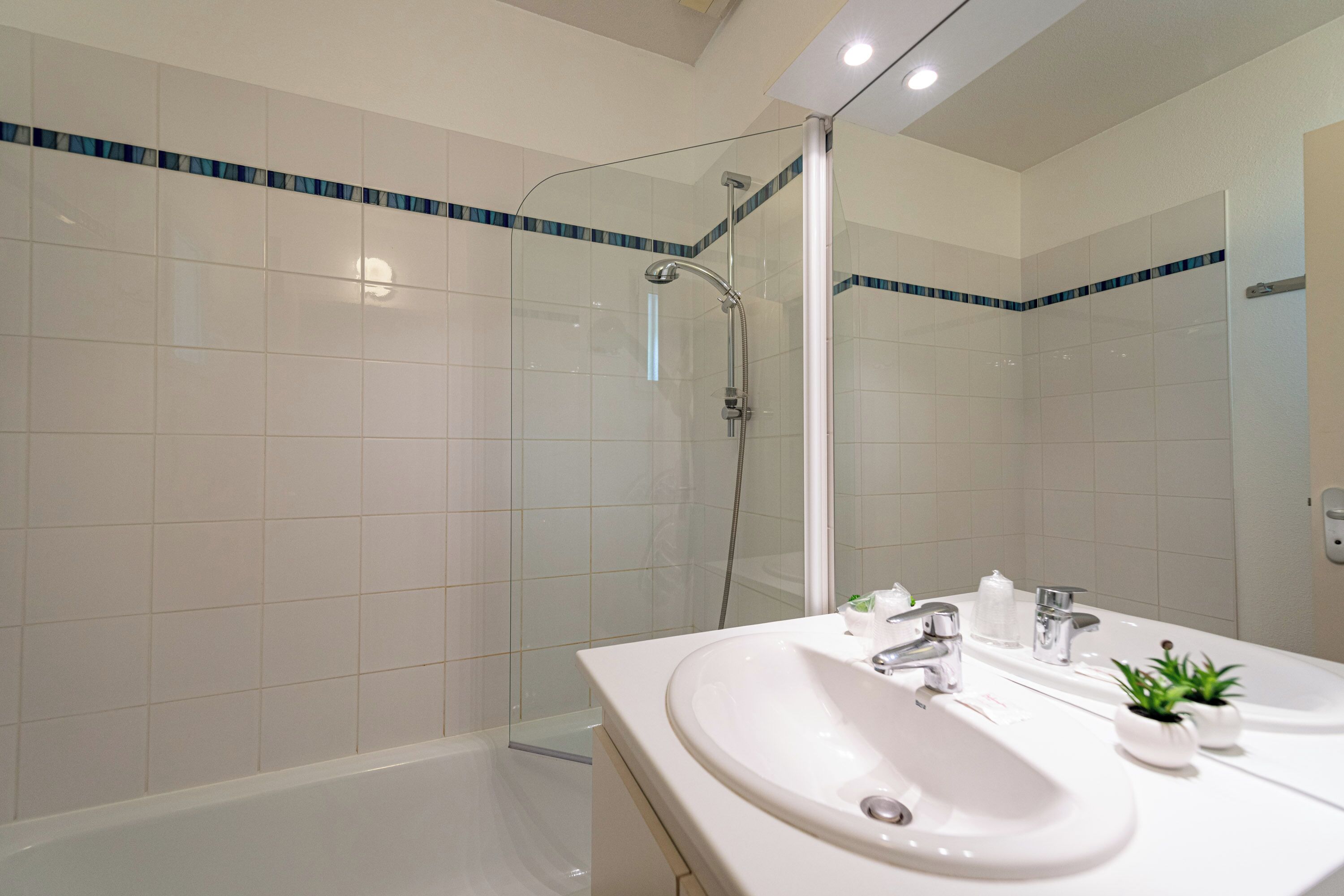 A modern bathroom with a glass-enclosed shower, a white sink, and a mirror.