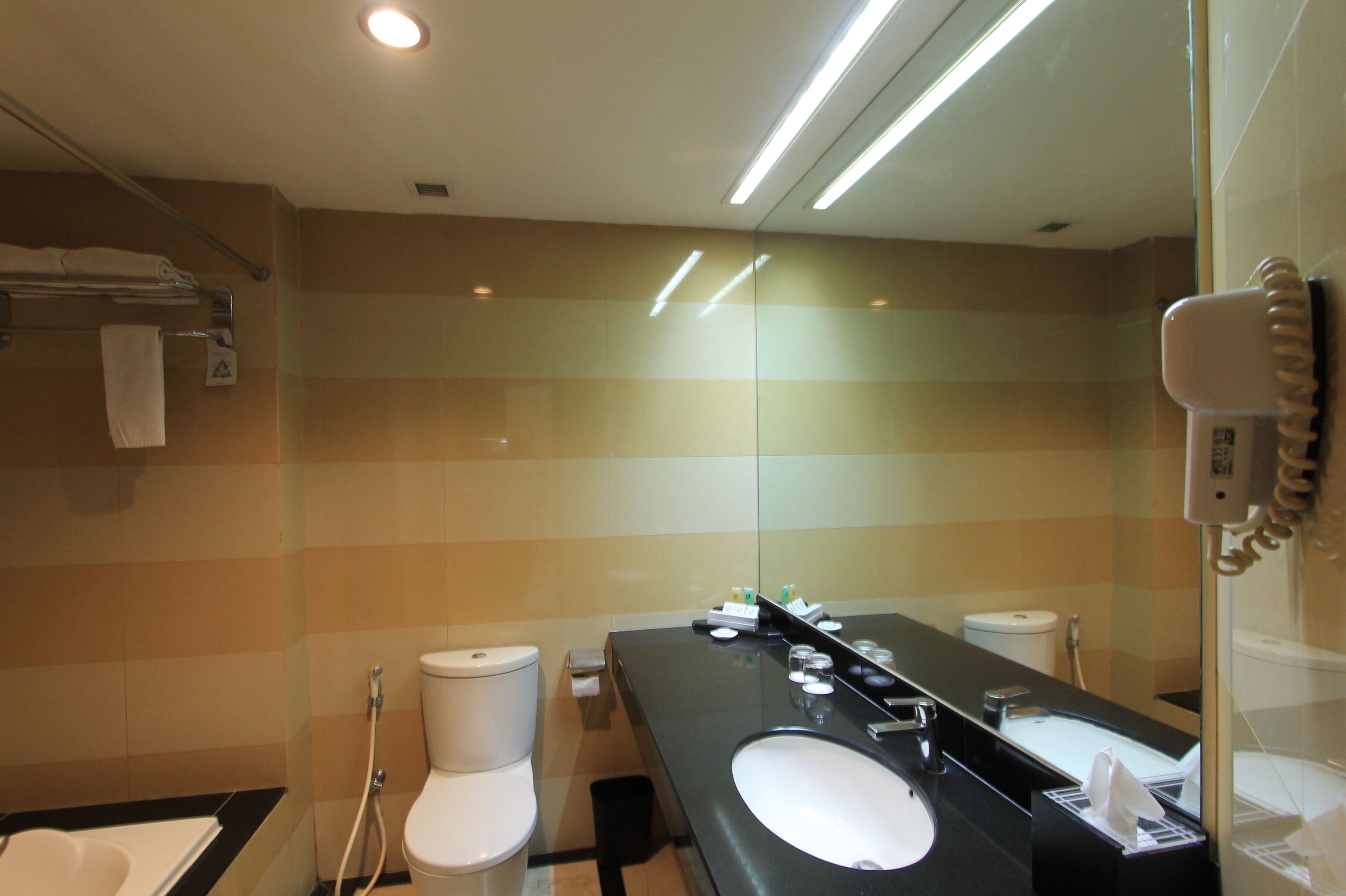 A modern bathroom with a dual sink vanity, a toilet, and a glass shower enclosure.