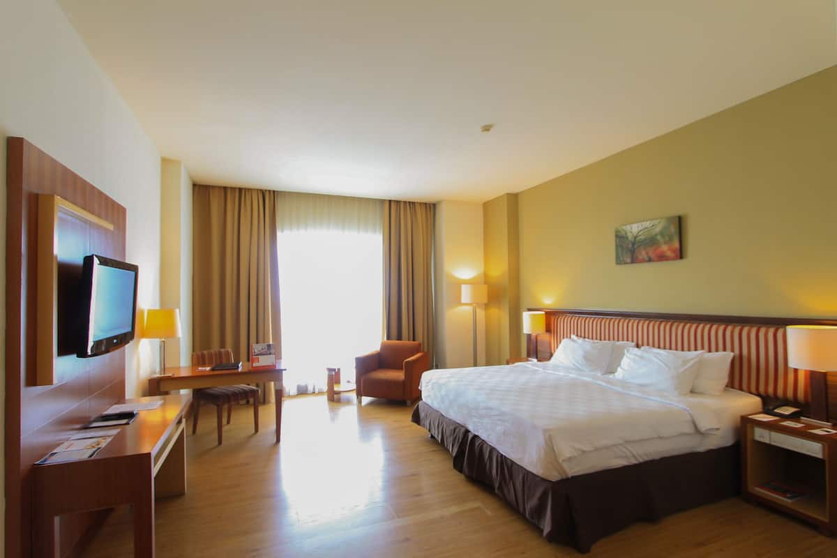 Habitación de hotel con una cama grande, un escritorio con silla, televisión y ventana con cortinas.
