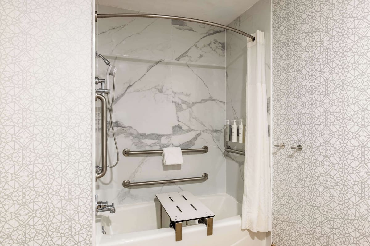 combined shower/bathtub, free toiletries, hair dryer, towels