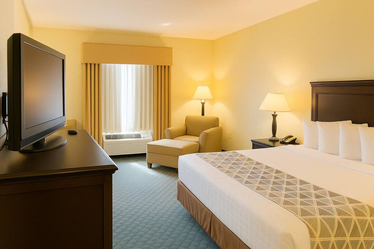 Ein Hotelzimmer mit einem Bett, einem Schreibtisch mit Computer, einem Sessel, zwei Lampen und einem Telefon.