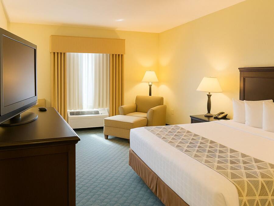 Een hotelkamer met een bed, een bureau met een computer, een stoel, twee lampen en een telefoon.