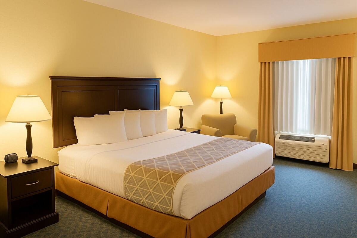 Ein Hotelzimmer mit einem großen Bett, zwei Nachttischen mit Lampen, einem Sessel, einem Fenster mit Vorhängen und einer Klimaanlage.