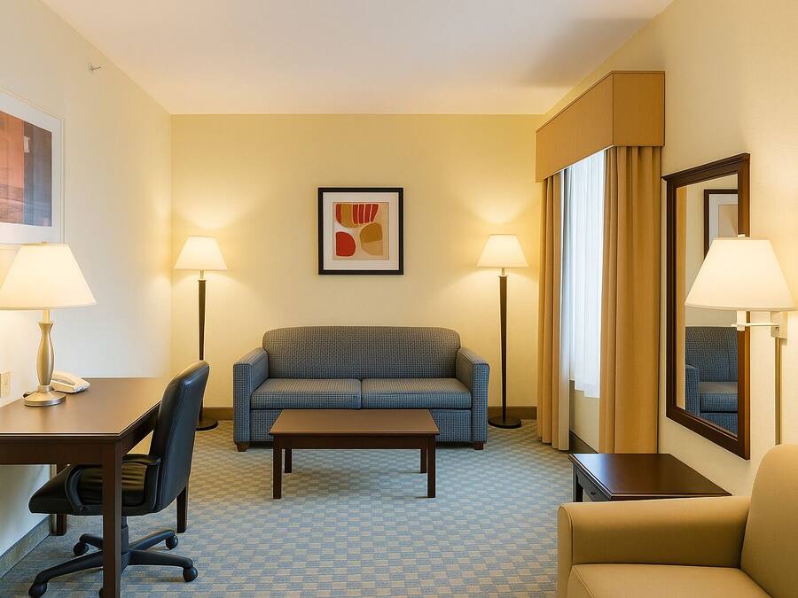 A hotel room with a checkered sofa, a small table, a desk with a lamp, a chair, and a large mirror.