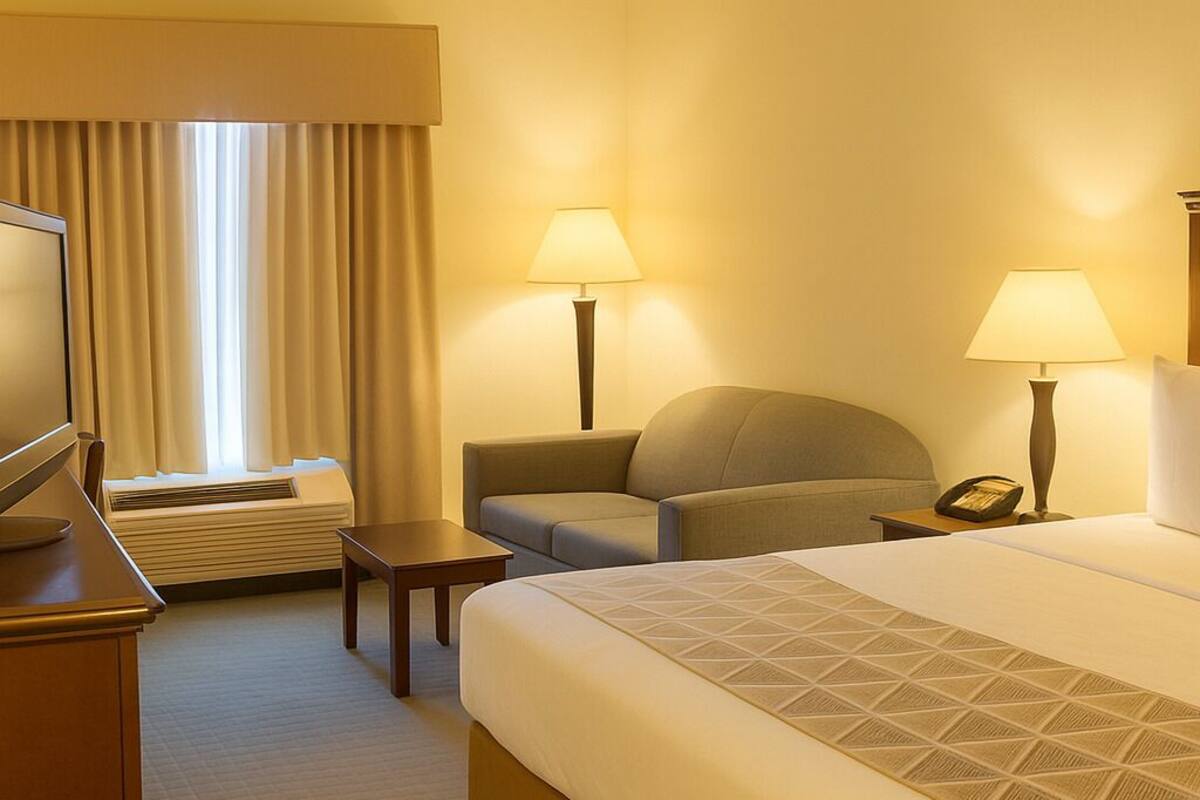 Ein Hotelzimmer mit einem großen Bett, einem Schreibtisch, einem Stuhl, zwei Lampen und einem Fernseher.