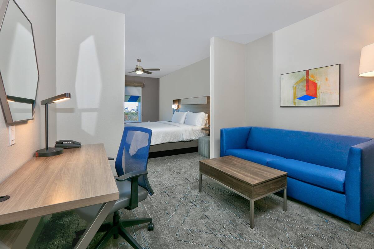A hotel room with a bed, a blue sofa, a desk with a chair, a coffee table, a desk lamp, and a ceiling fan.