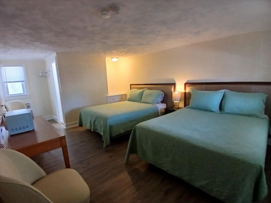 Une chambre avec deux lits simples, une table en bois, une chaise et un petit bureau avec une lampe.