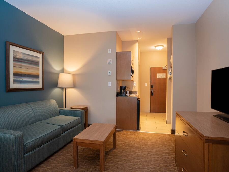 A modern hotel room with a sofa, a small table, a TV, a kitchen area, and a framed picture on the wall.