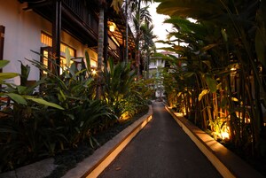 A narrow pathway flanked by lush tropical plants and traditional wooden buildings with warm lighting.