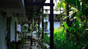 A covered outdoor area with hanging plants and a wooden bench. - Banthai Village (Chiang Mai)