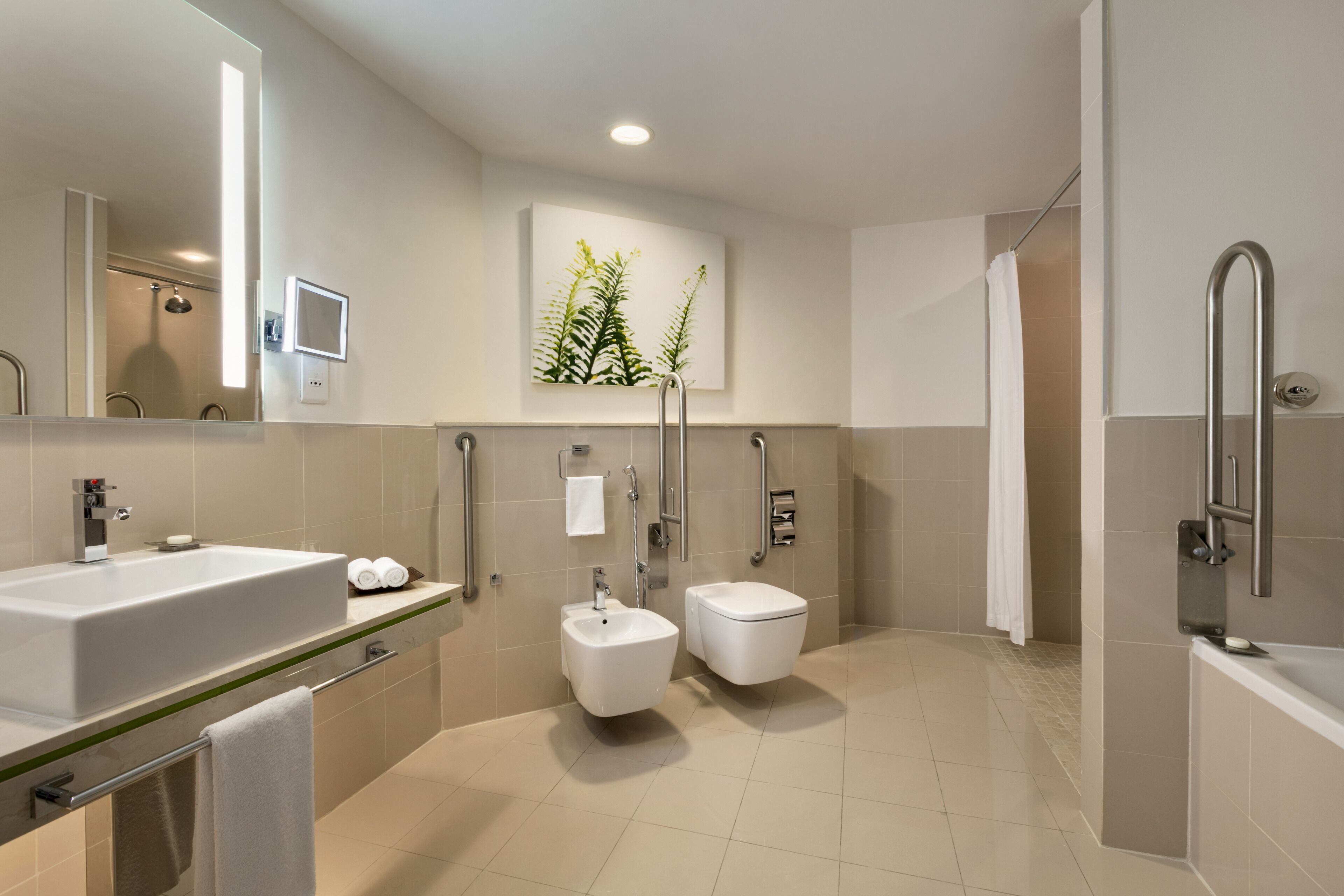 separate bathtub and shower, eco-friendly toiletries, hair dryer