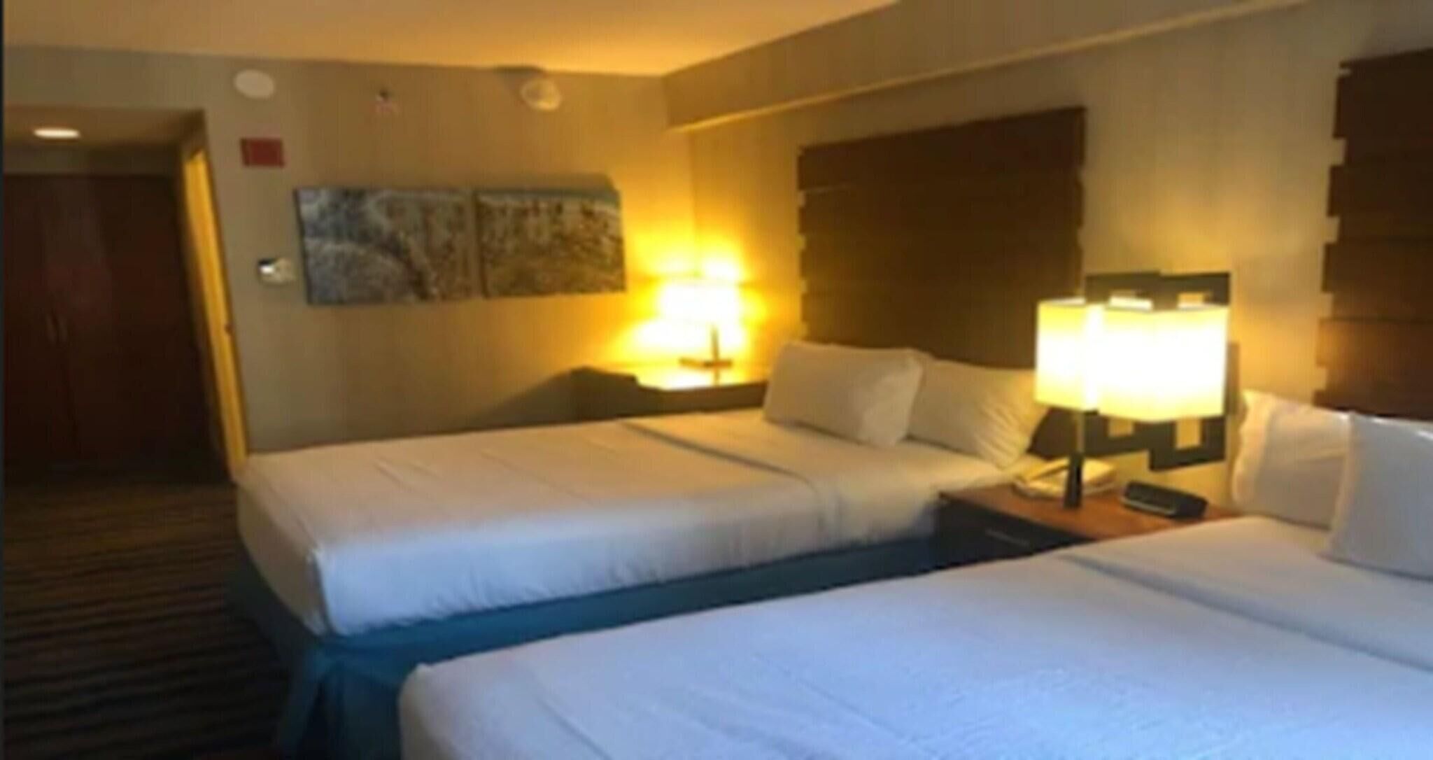 A hotel room with two beds, a nightstand with a lamp, and a painting on the wall.
